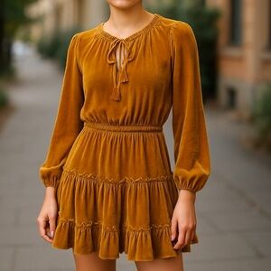 Storia Womens Velvet Ruffled Dress Mini Brown Sz Medium Casual Boho Cocktail